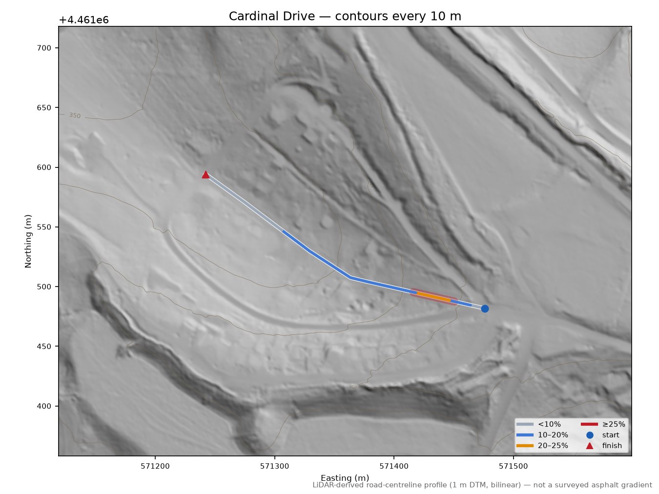 Cardinal Drive LiDAR hillshade map with contours