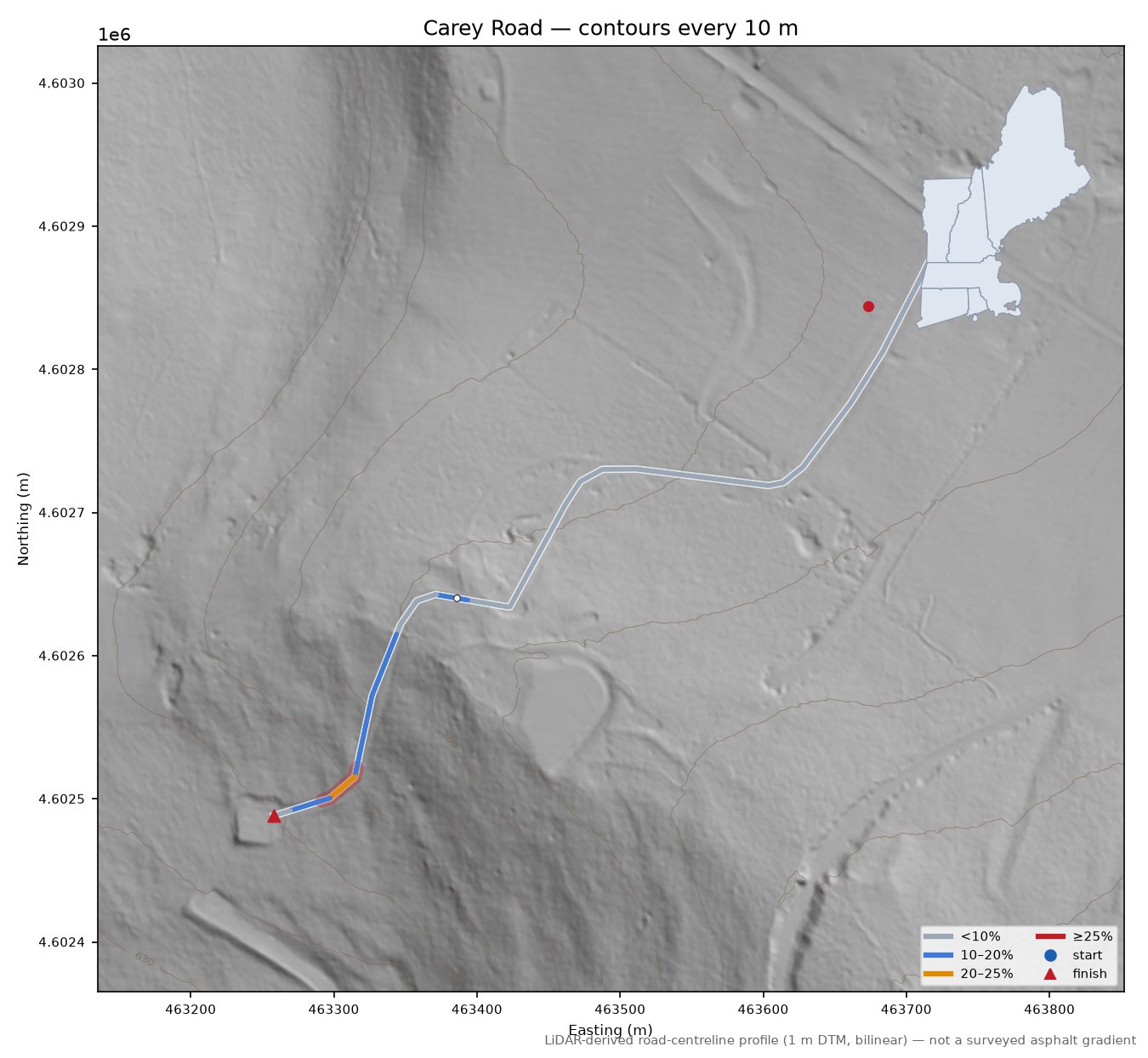 Carey Road LiDAR hillshade map with contours