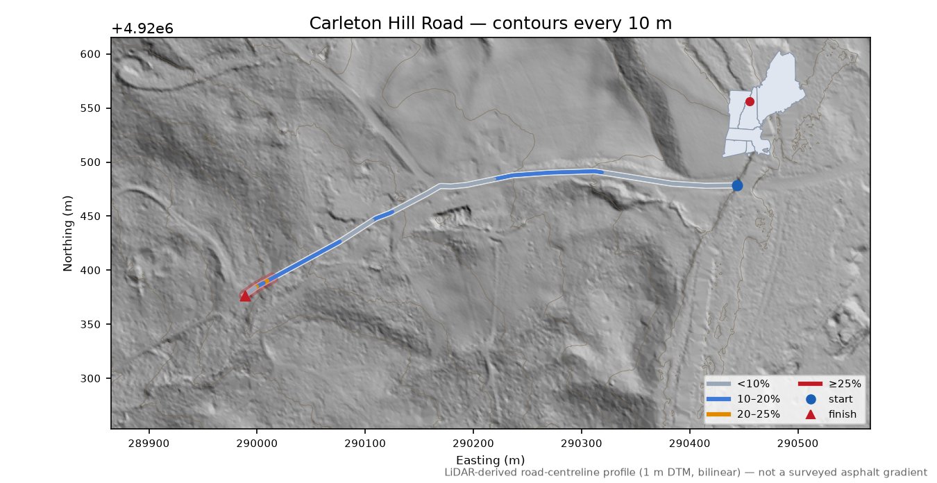 Carleton Hill Road LiDAR hillshade map with contours