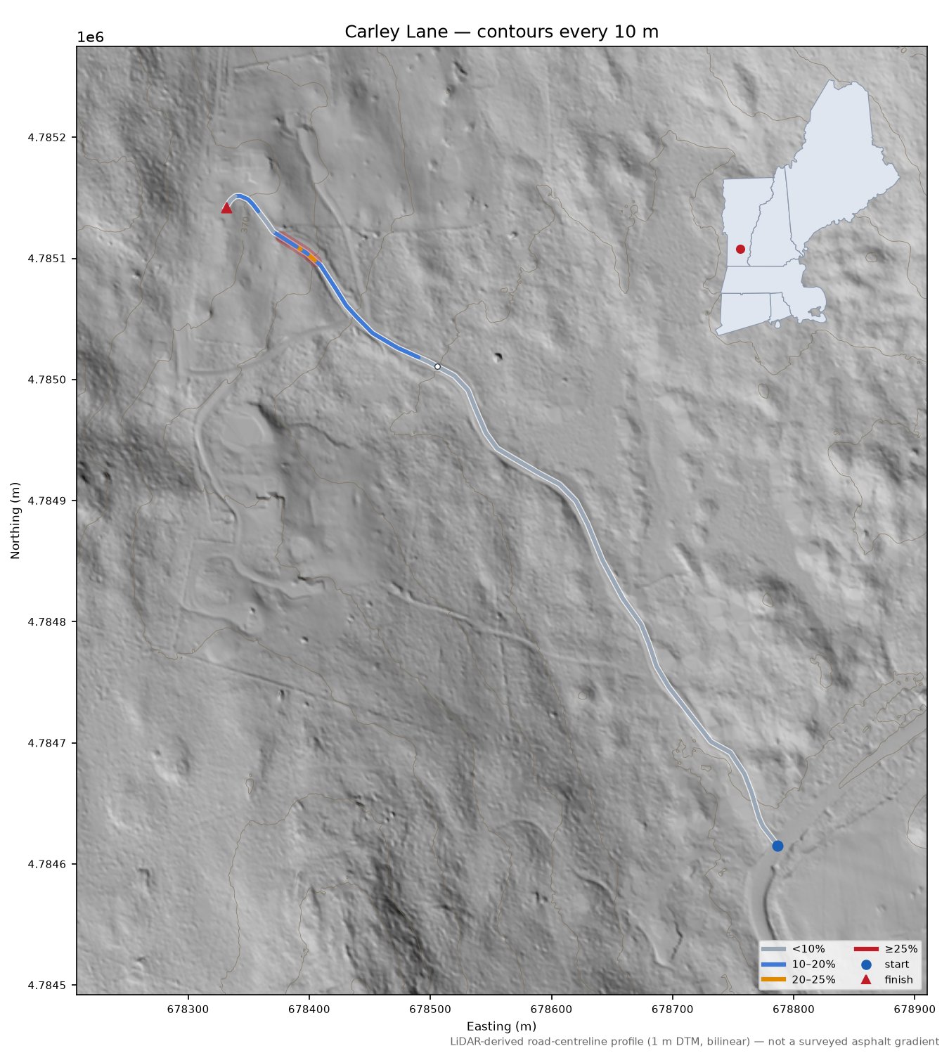 Carley Lane LiDAR hillshade map with contours
