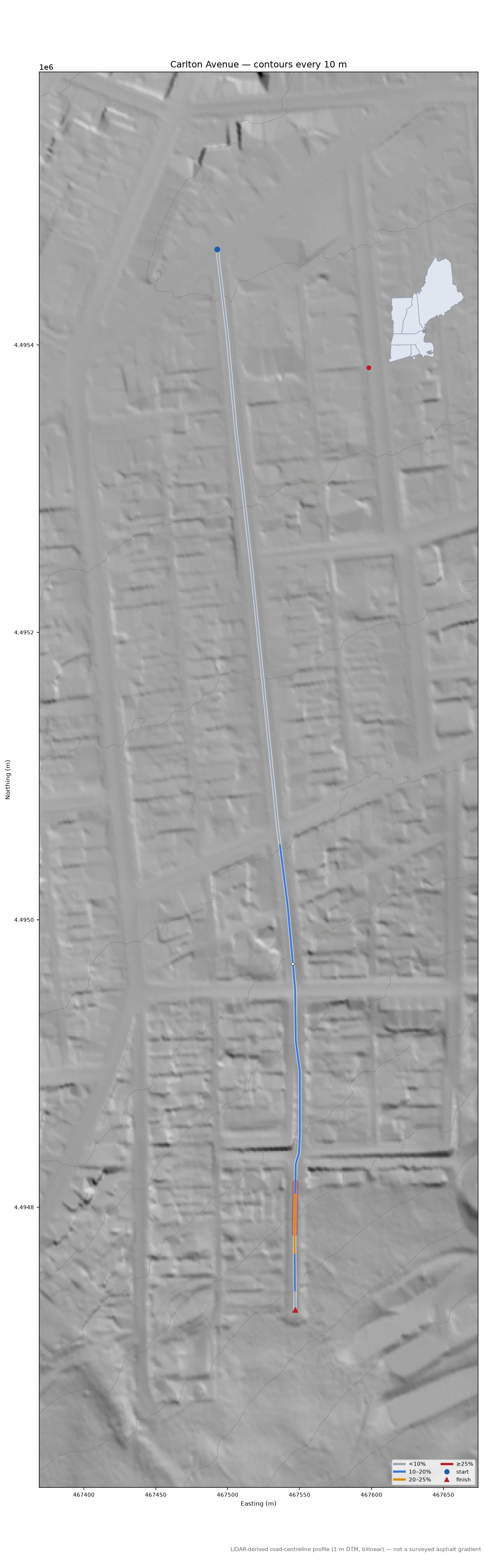 Carlton Avenue LiDAR hillshade map with contours