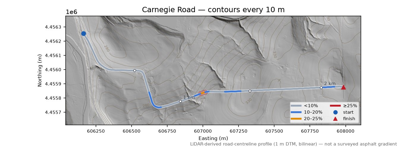 Carnegie Road LiDAR hillshade map with contours