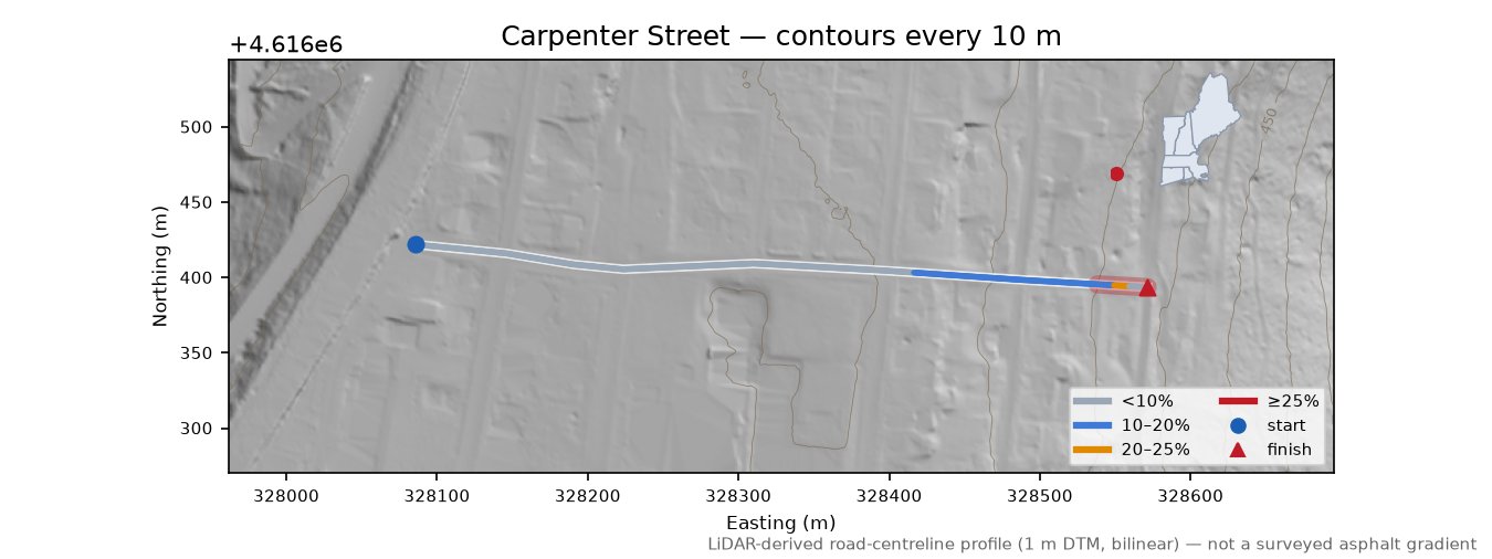 Carpenter Street LiDAR hillshade map with contours
