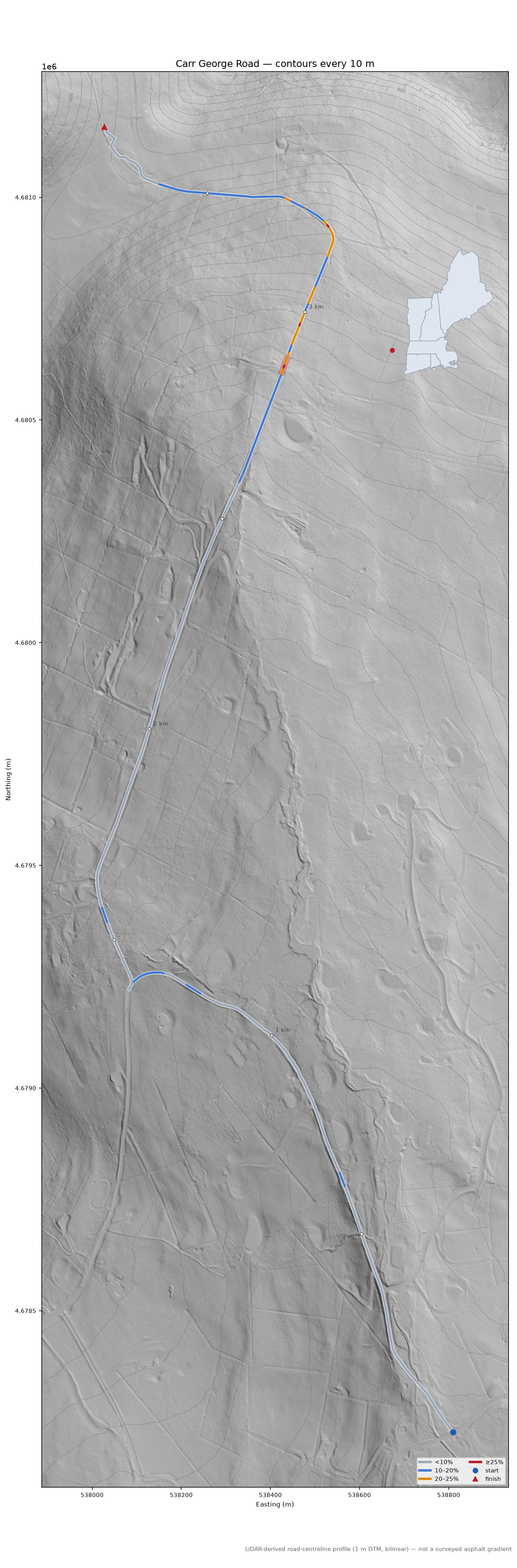 Carr George Road LiDAR hillshade map with contours