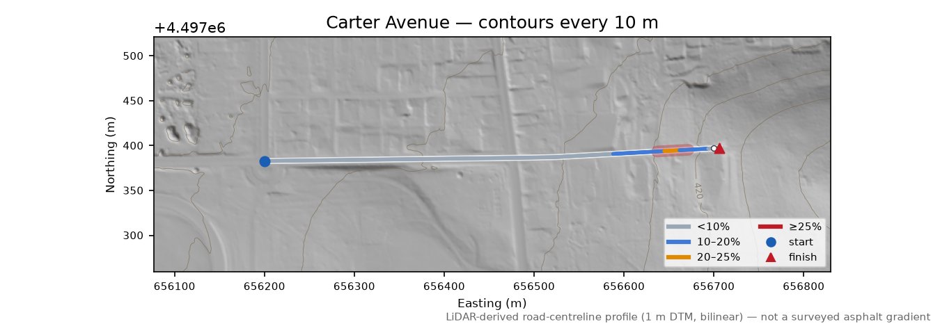 Carter Avenue LiDAR hillshade map with contours