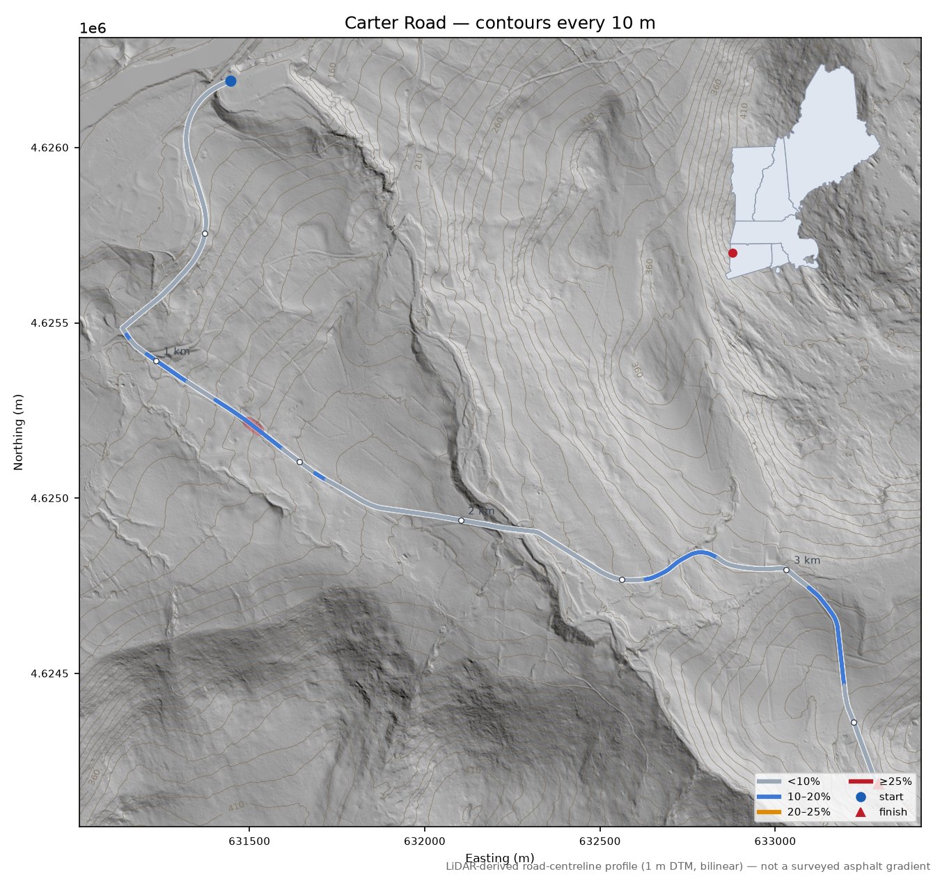 Carter Road LiDAR hillshade map with contours
