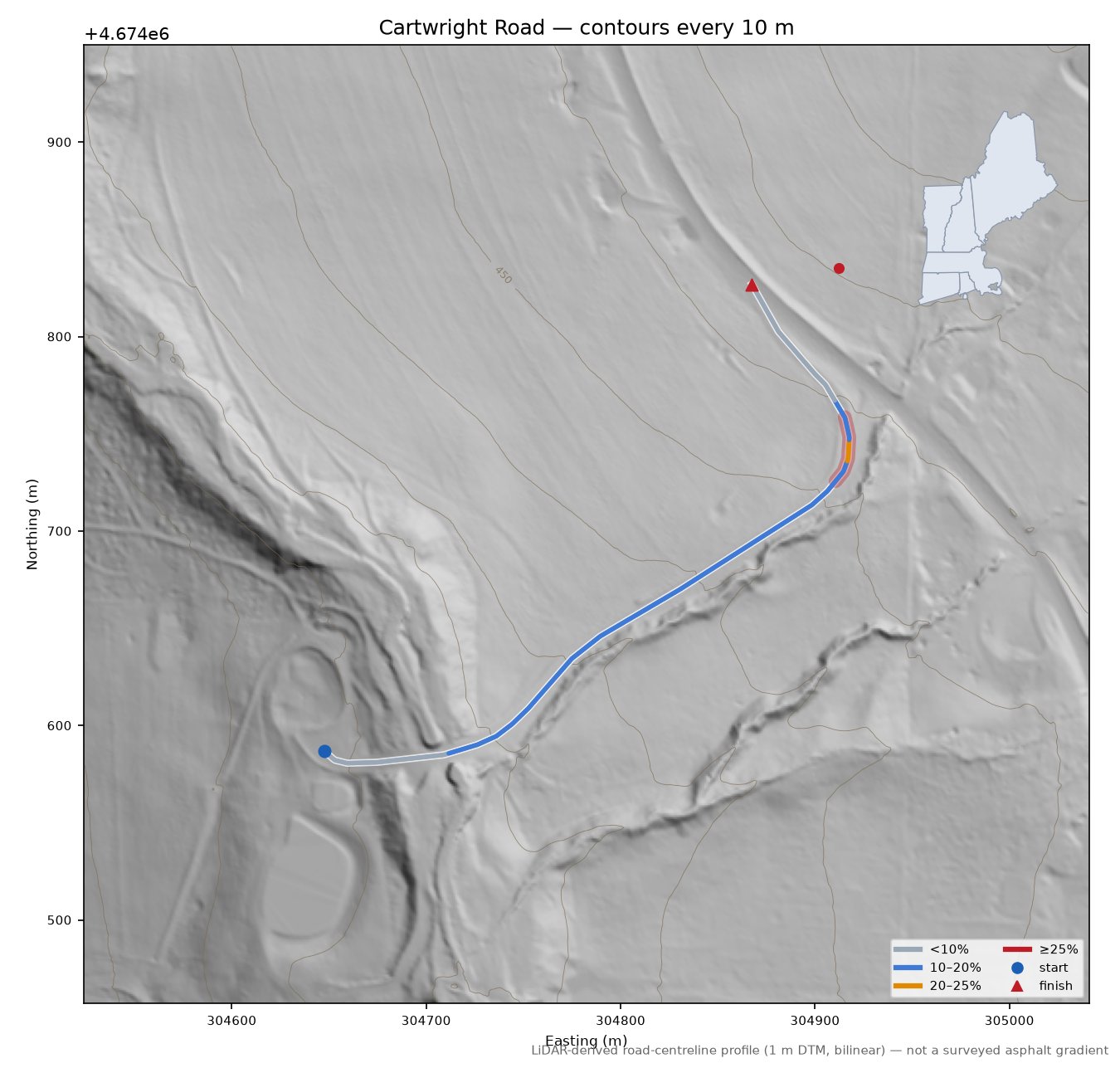 Cartwright Road LiDAR hillshade map with contours