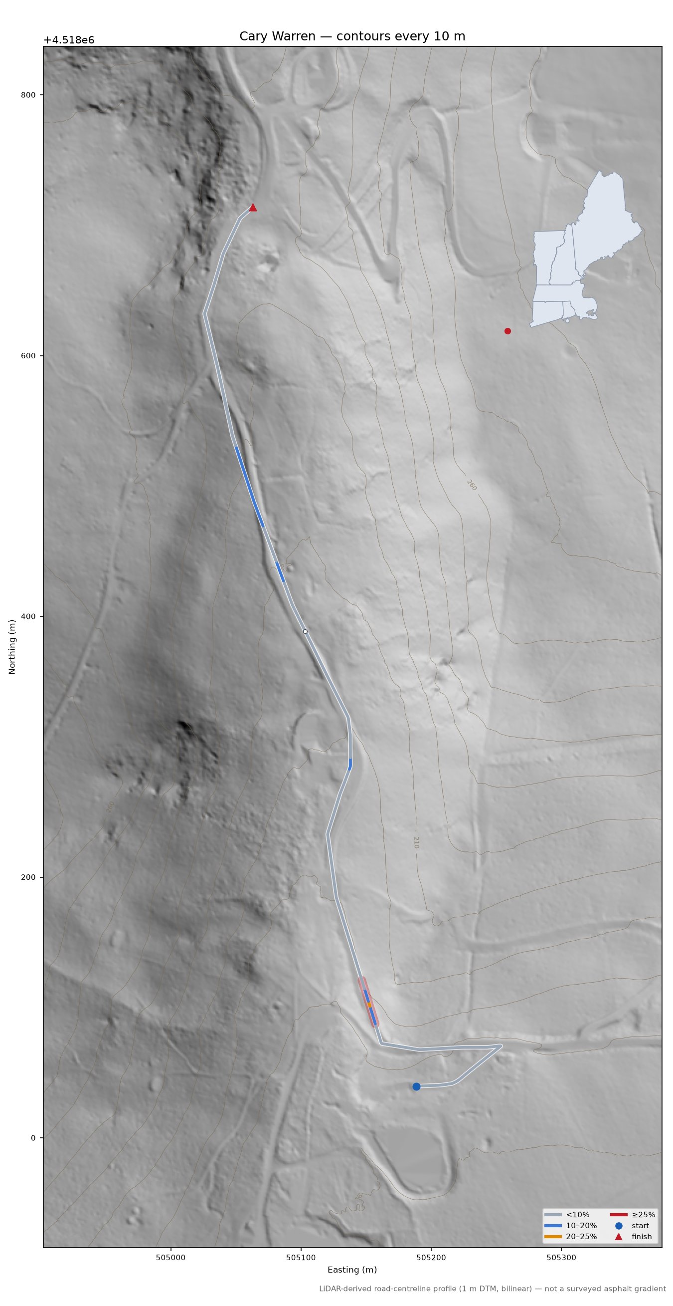 Cary Warren LiDAR hillshade map with contours