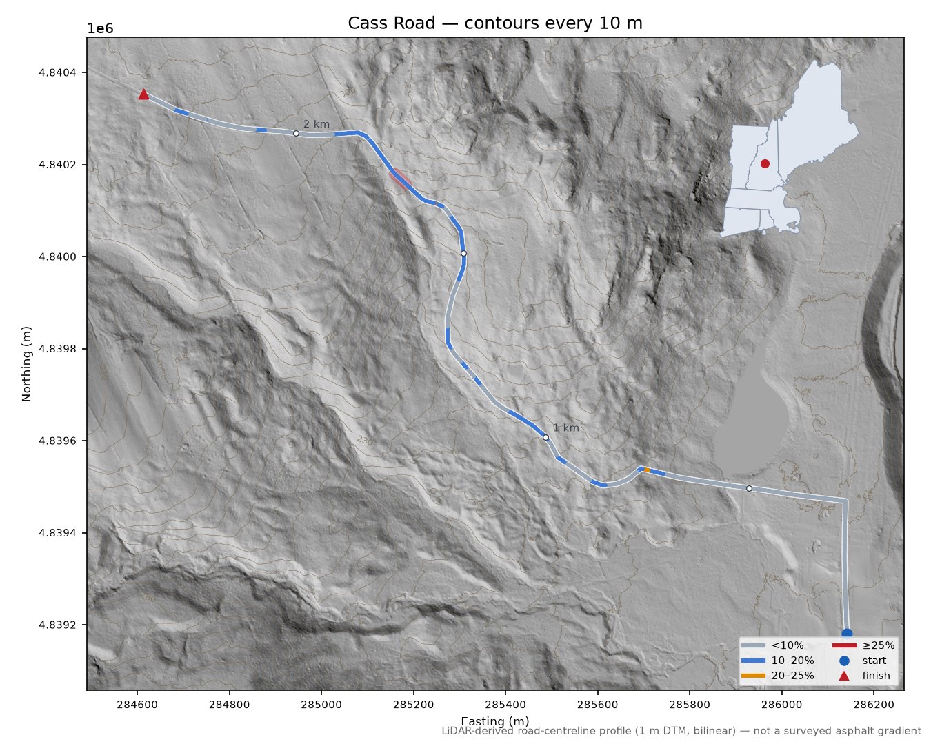 Cass Road LiDAR hillshade map with contours
