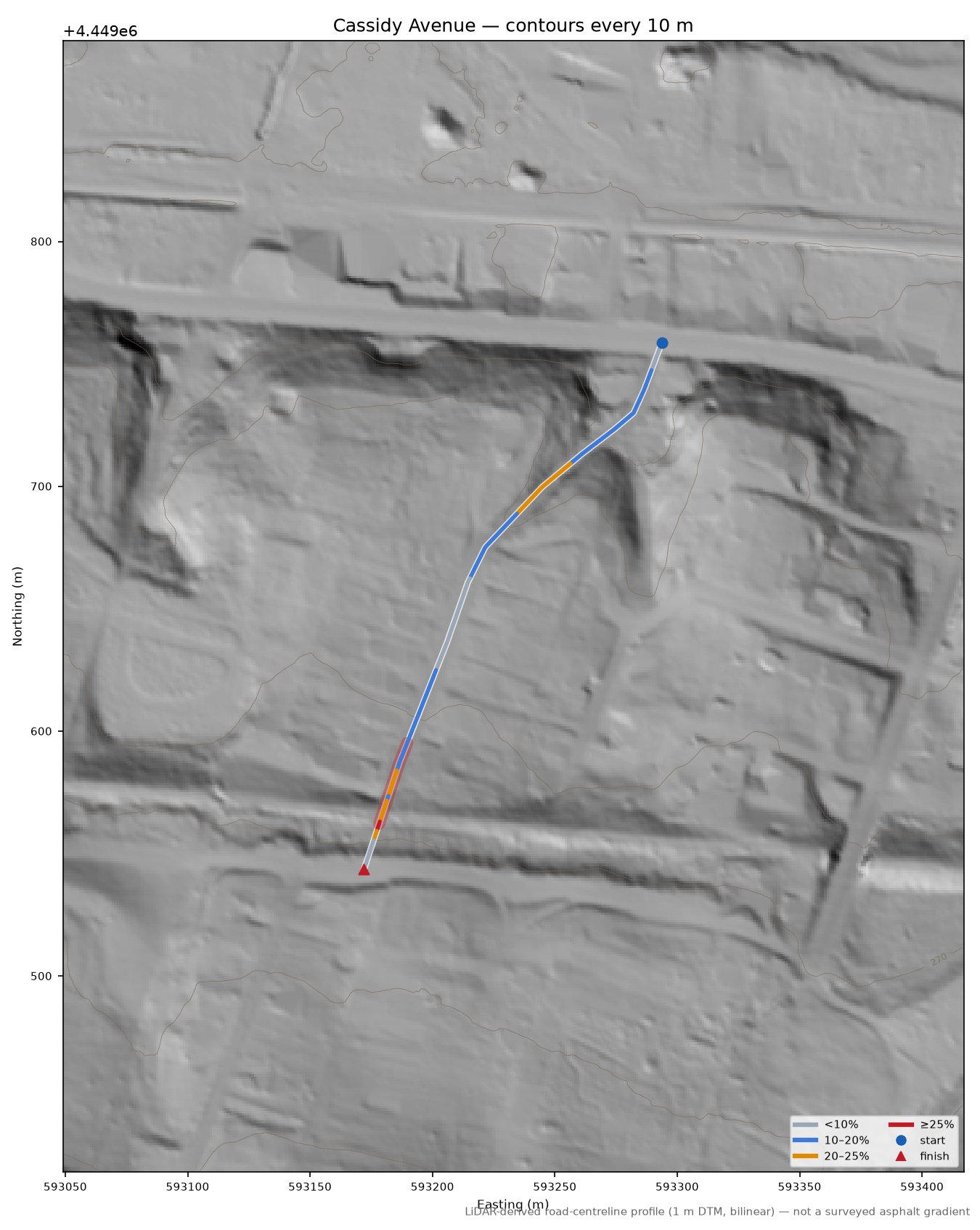 Cassidy Avenue LiDAR hillshade map with contours