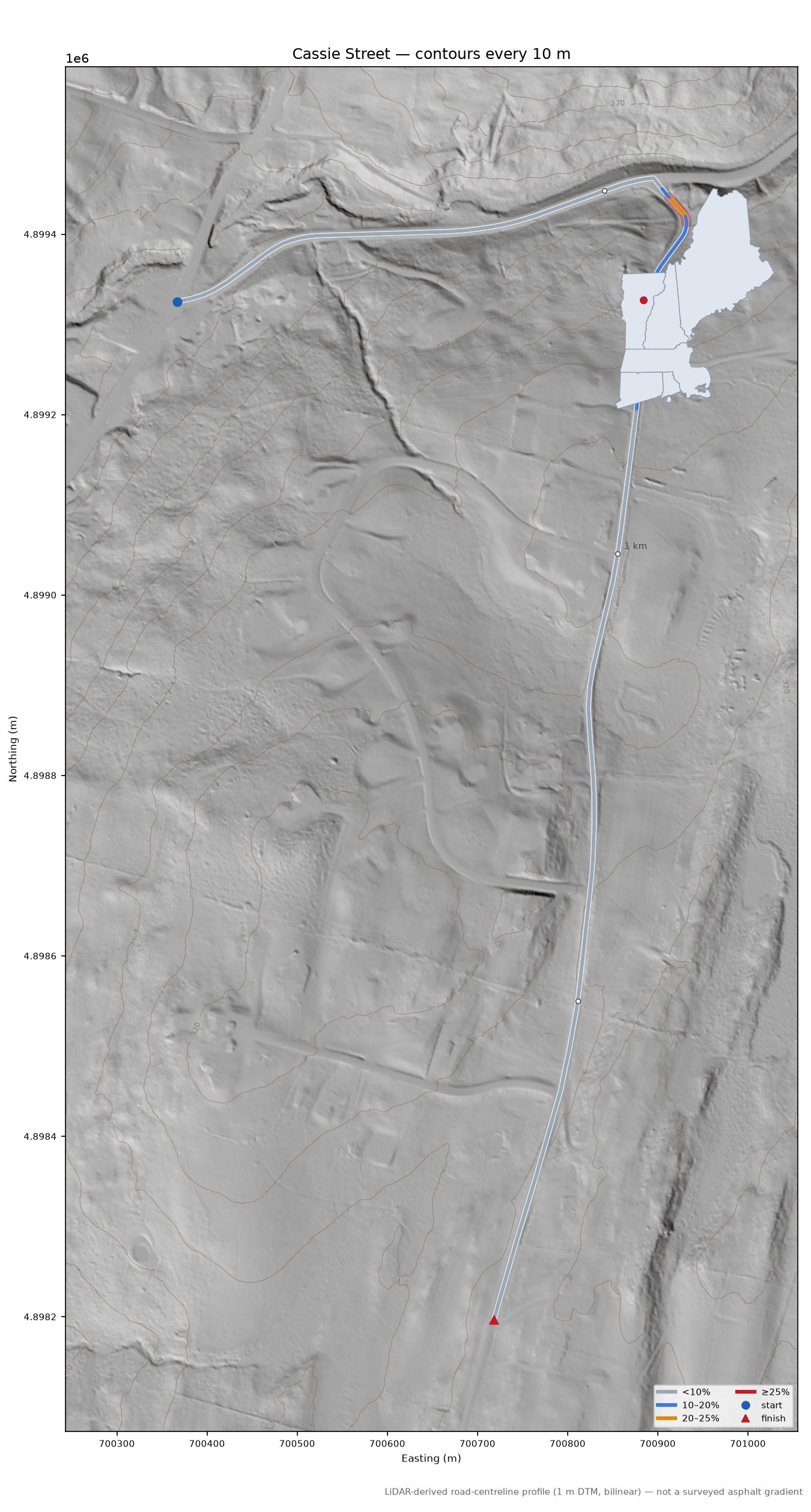 Cassie Street LiDAR hillshade map with contours