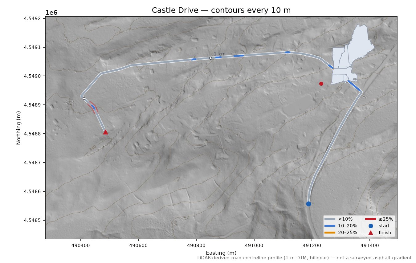 Castle Drive LiDAR hillshade map with contours