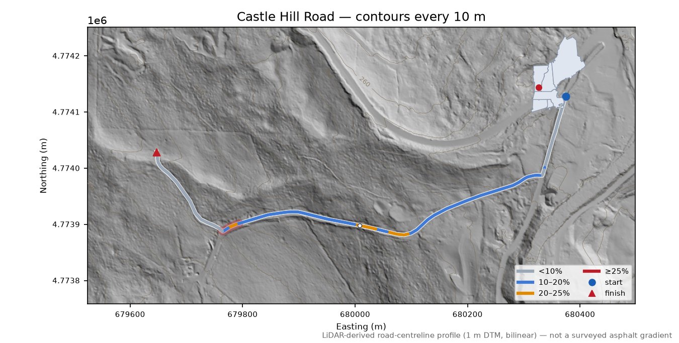 Castle Hill Road LiDAR hillshade map with contours