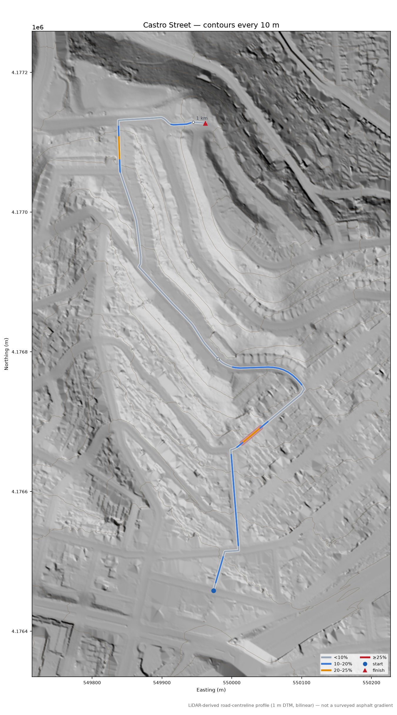 Castro Street LiDAR hillshade map with contours