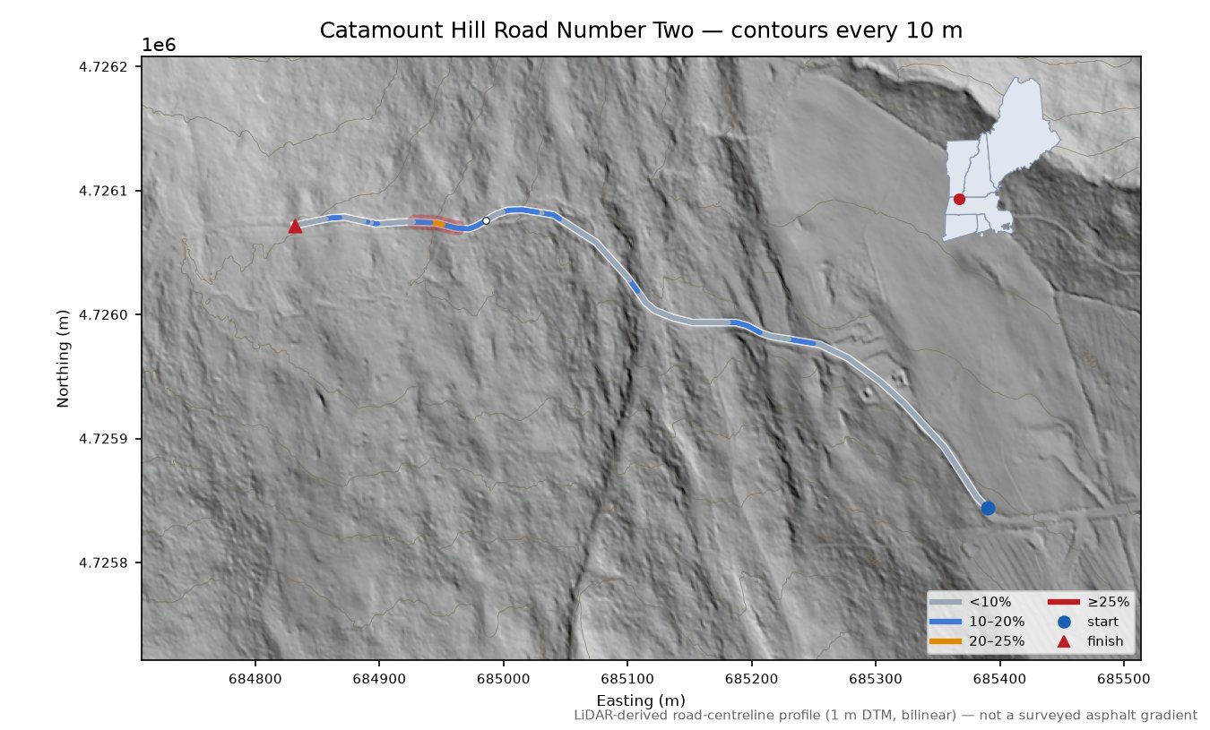 Catamount Hill Road Number Two LiDAR hillshade map with contours