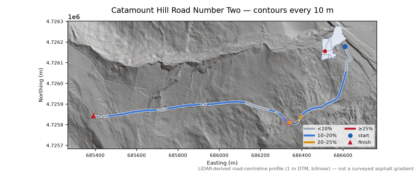 Catamount Hill Road Number Two LiDAR hillshade map with contours