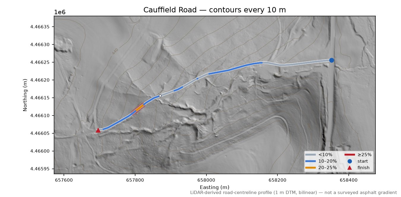 Cauffield Road LiDAR hillshade map with contours