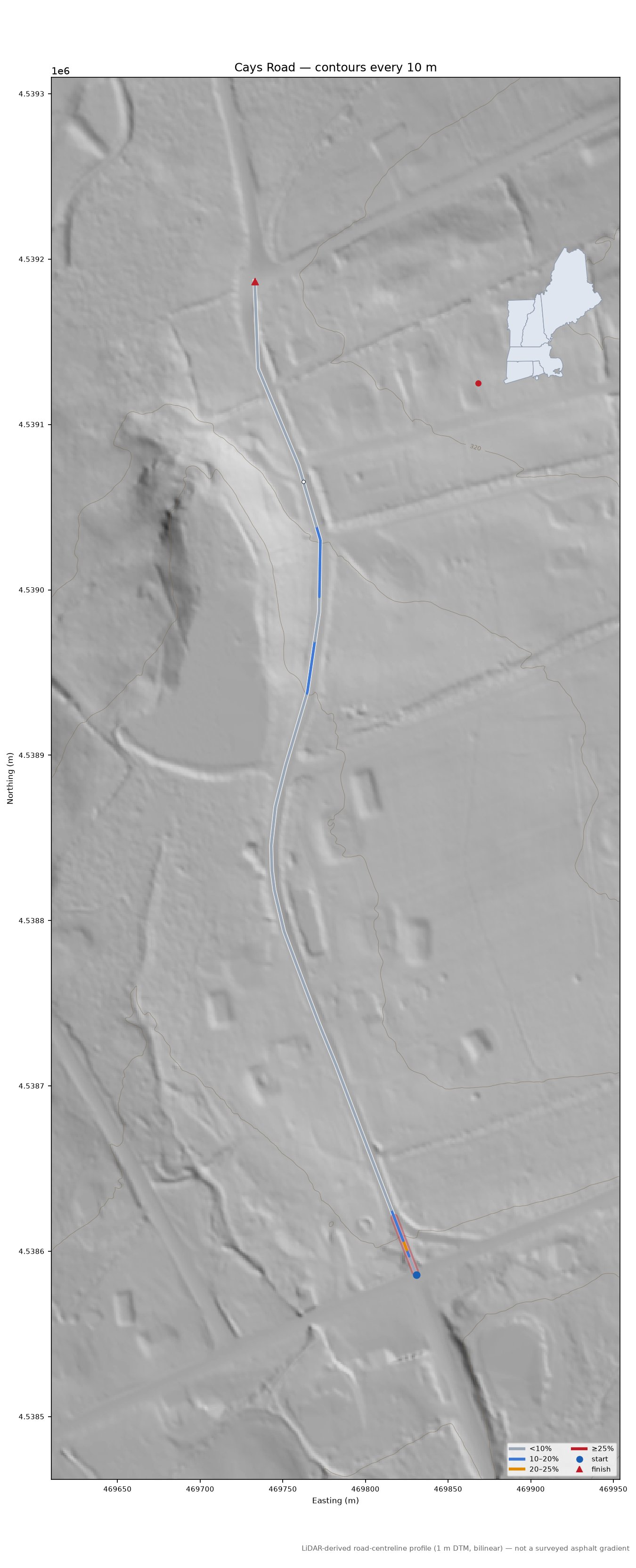 Cays Road LiDAR hillshade map with contours