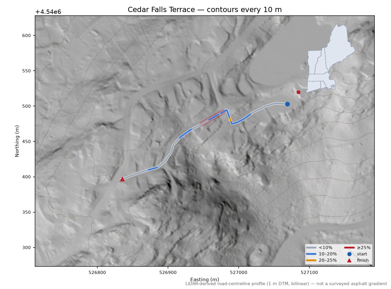 Cedar Falls Terrace LiDAR hillshade map with contours