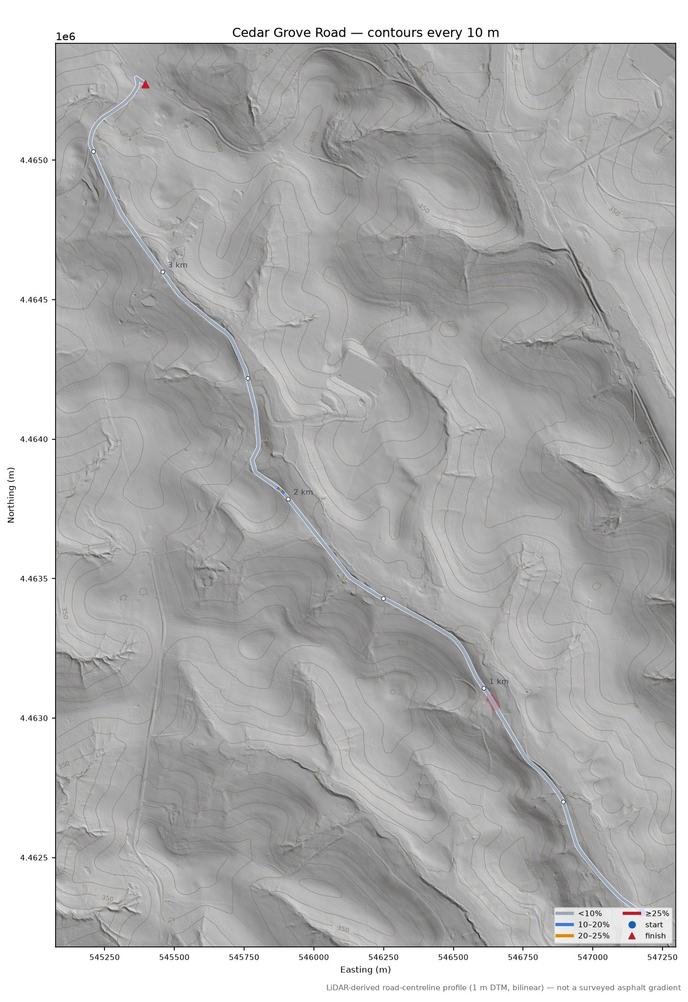 Cedar Grove Road LiDAR hillshade map with contours