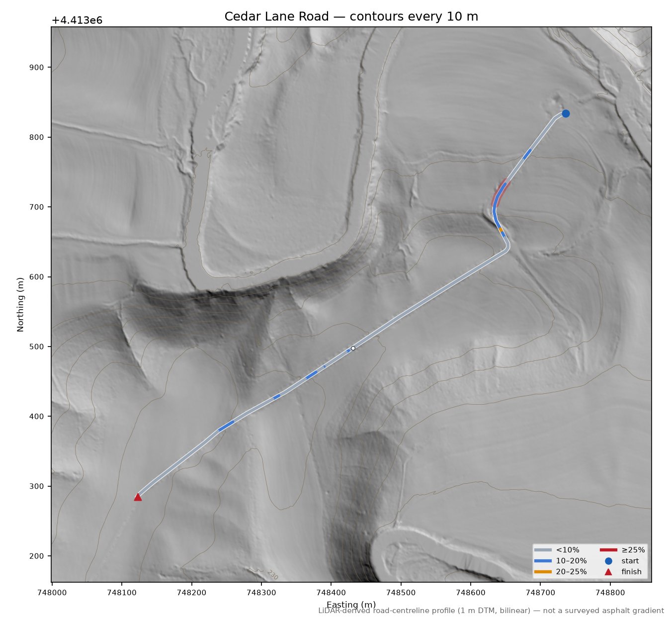 Cedar Lane Road LiDAR hillshade map with contours