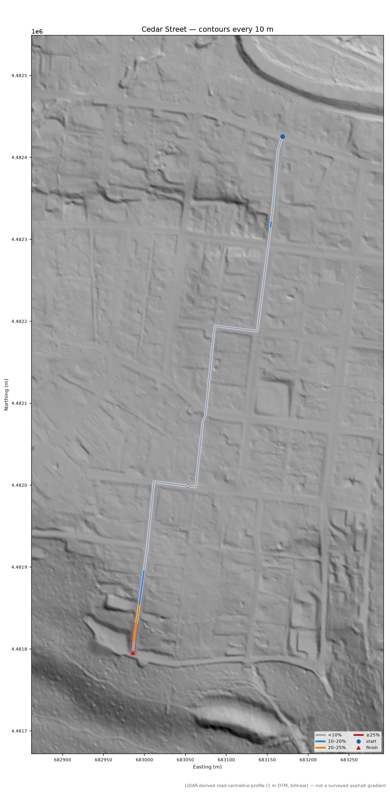 Cedar Street LiDAR hillshade map with contours