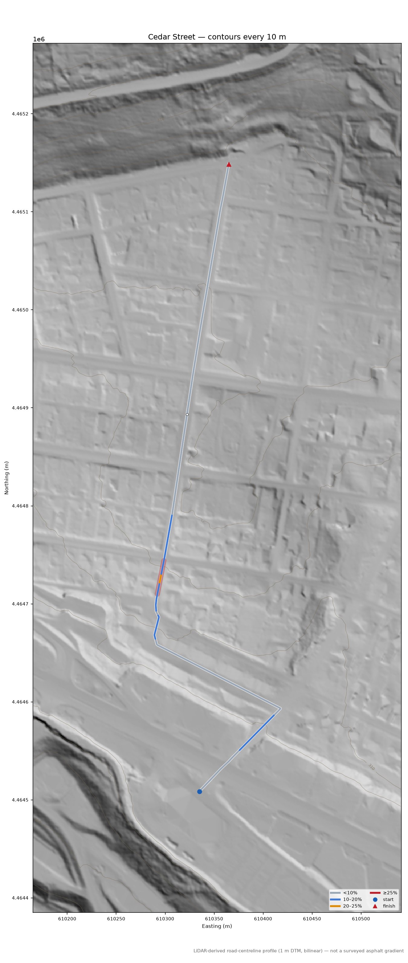 Cedar Street LiDAR hillshade map with contours