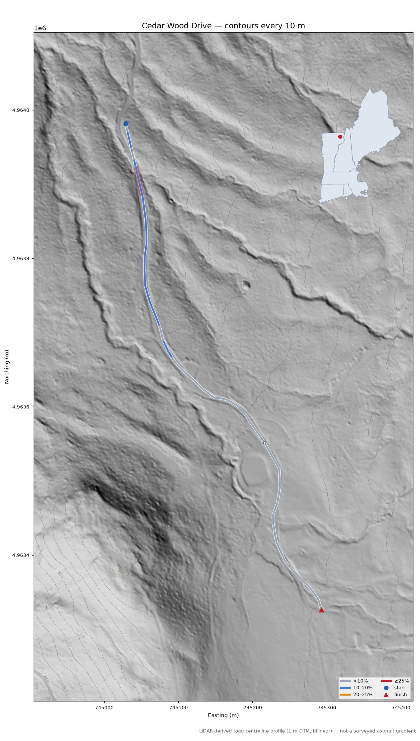 Cedar Wood Drive LiDAR hillshade map with contours
