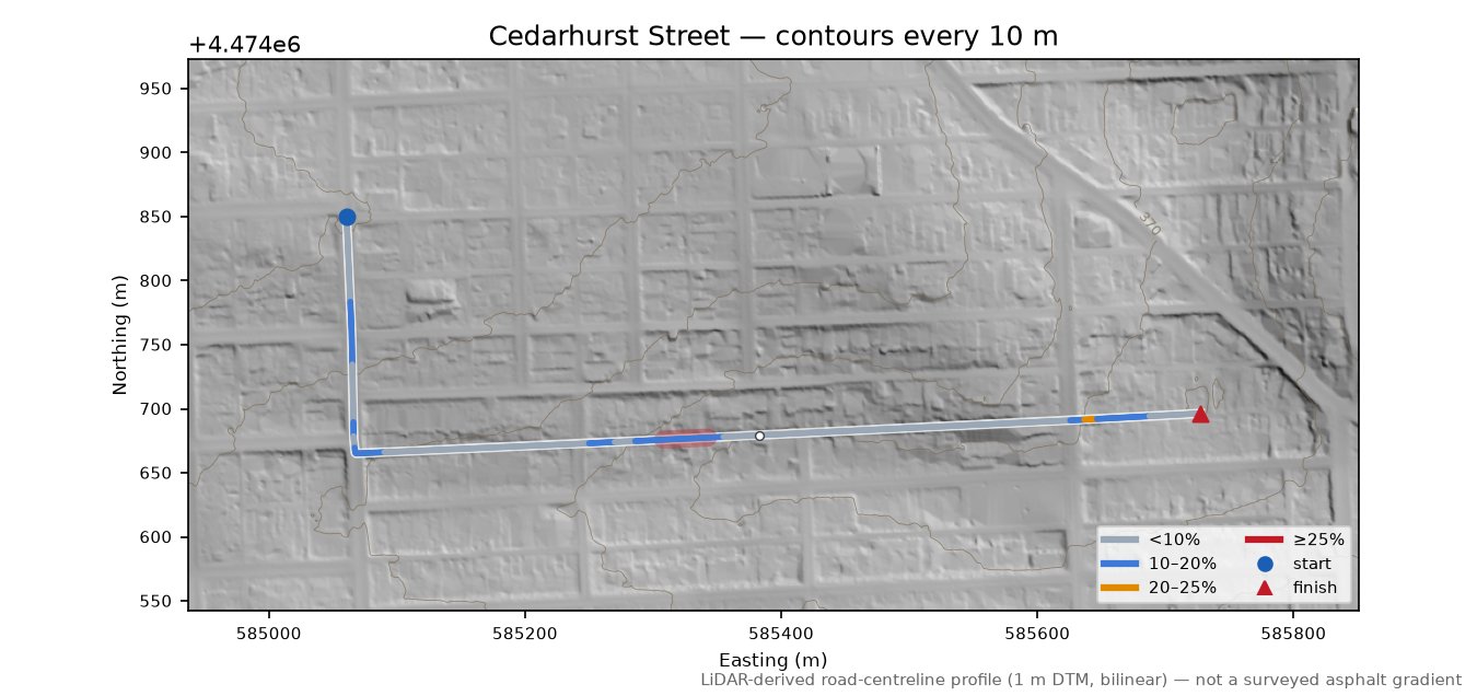 Cedarhurst Street LiDAR hillshade map with contours