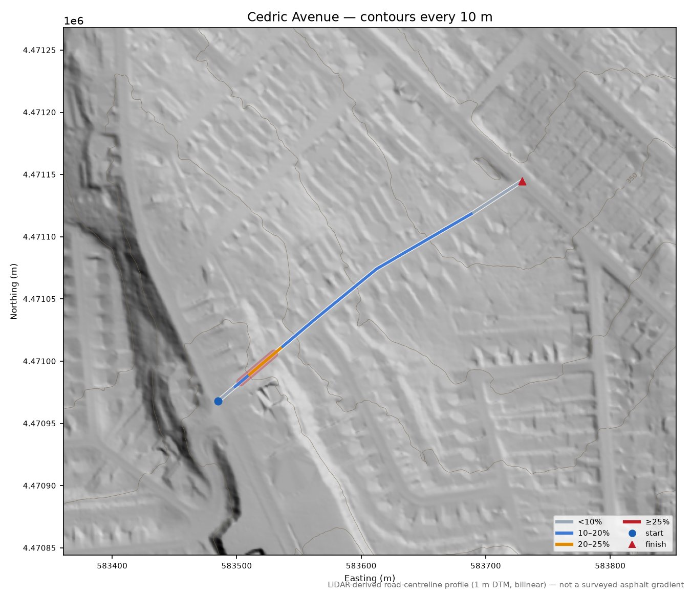 Cedric Avenue LiDAR hillshade map with contours