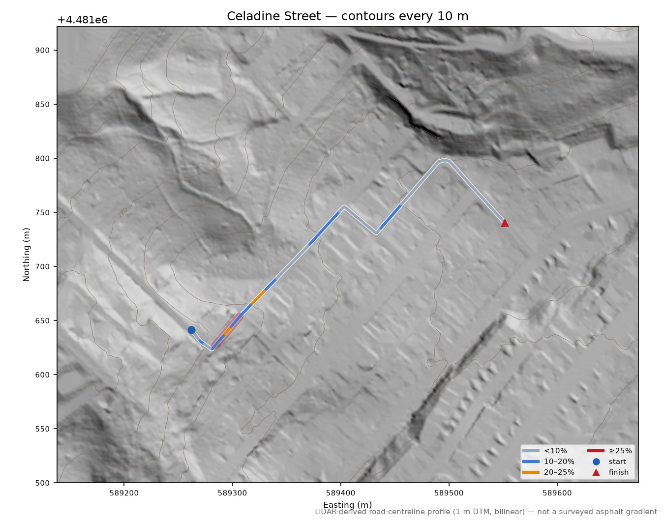 Celadine Street LiDAR hillshade map with contours