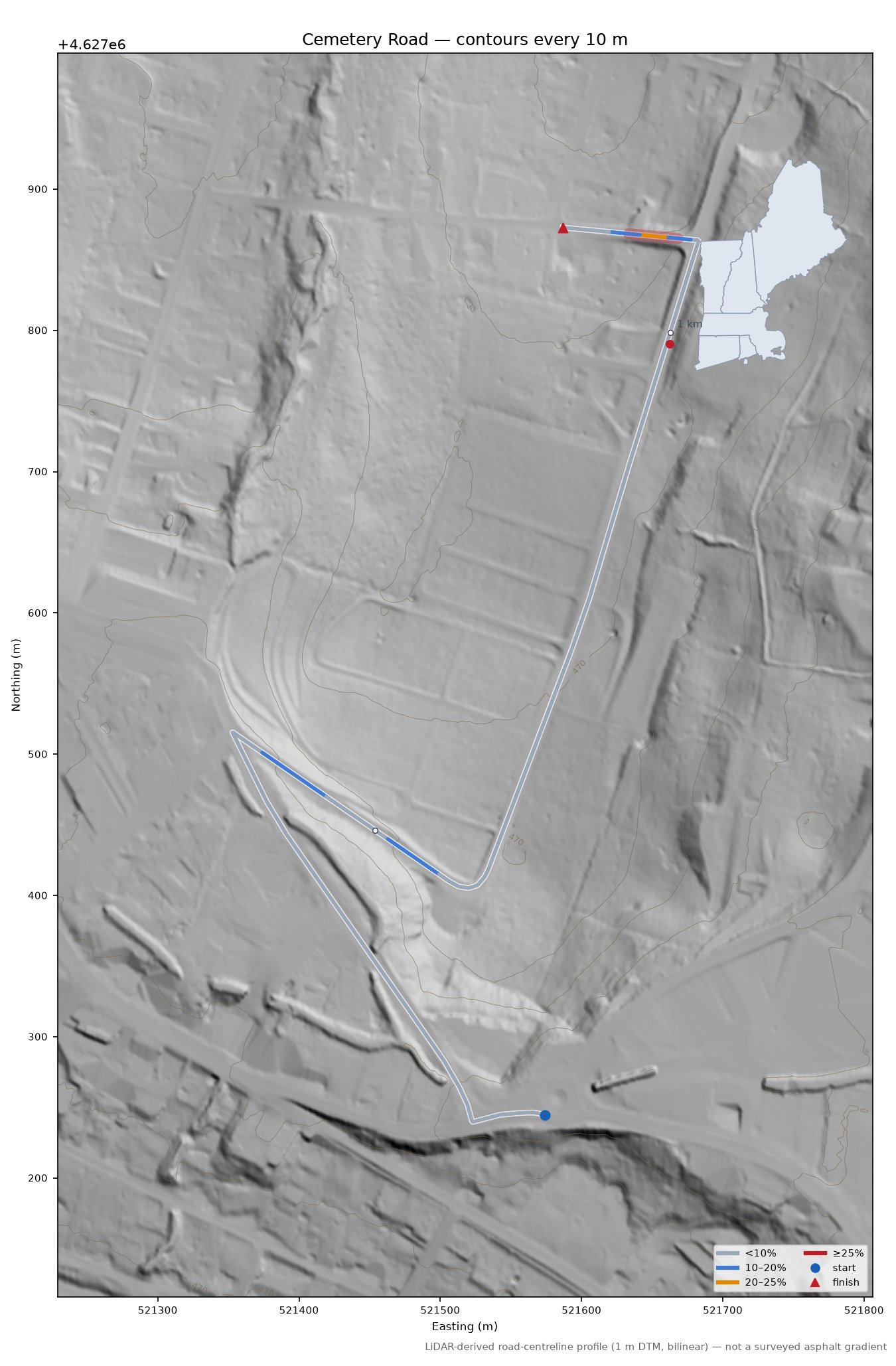 Cemetery Road LiDAR hillshade map with contours