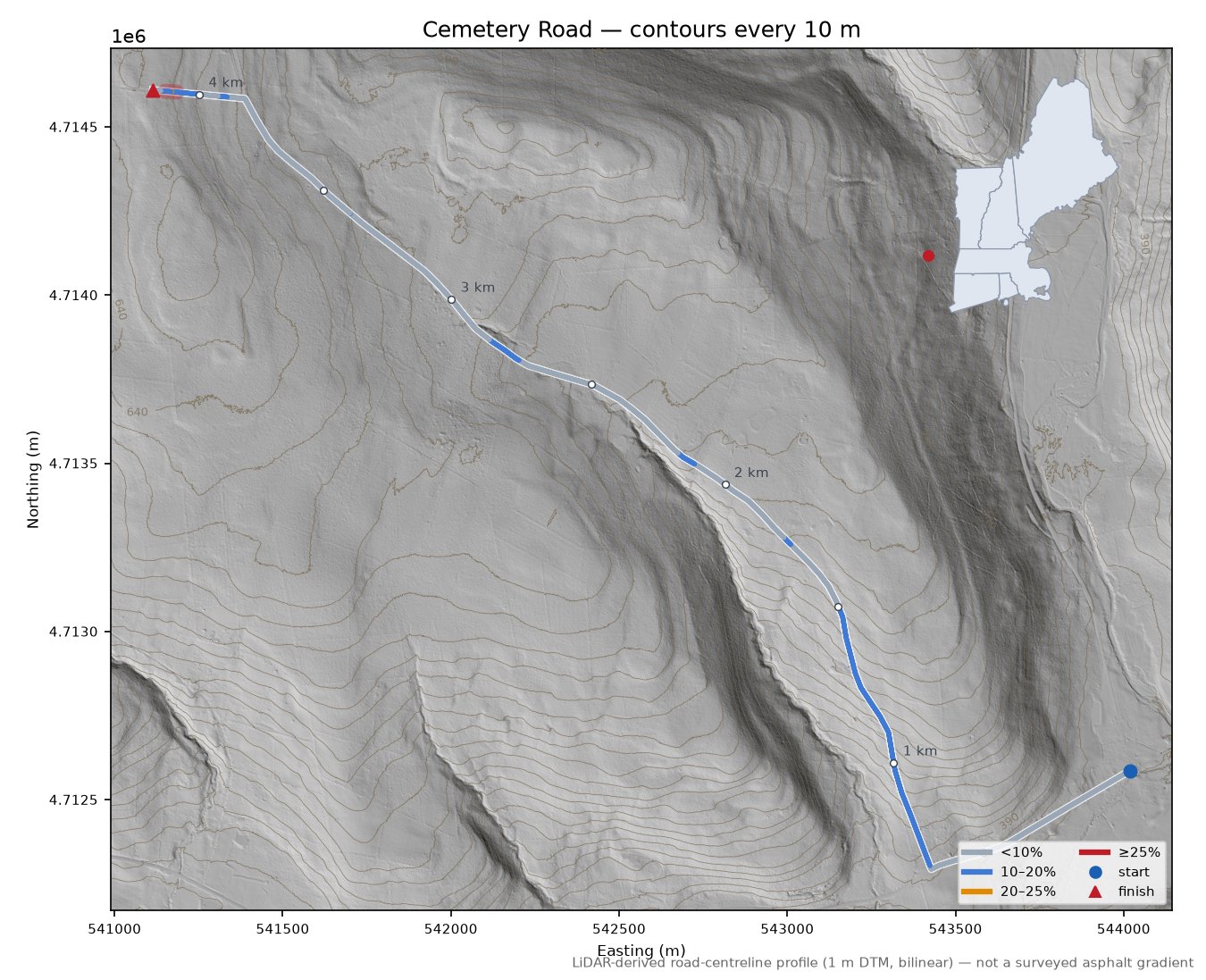 Cemetery Road LiDAR hillshade map with contours