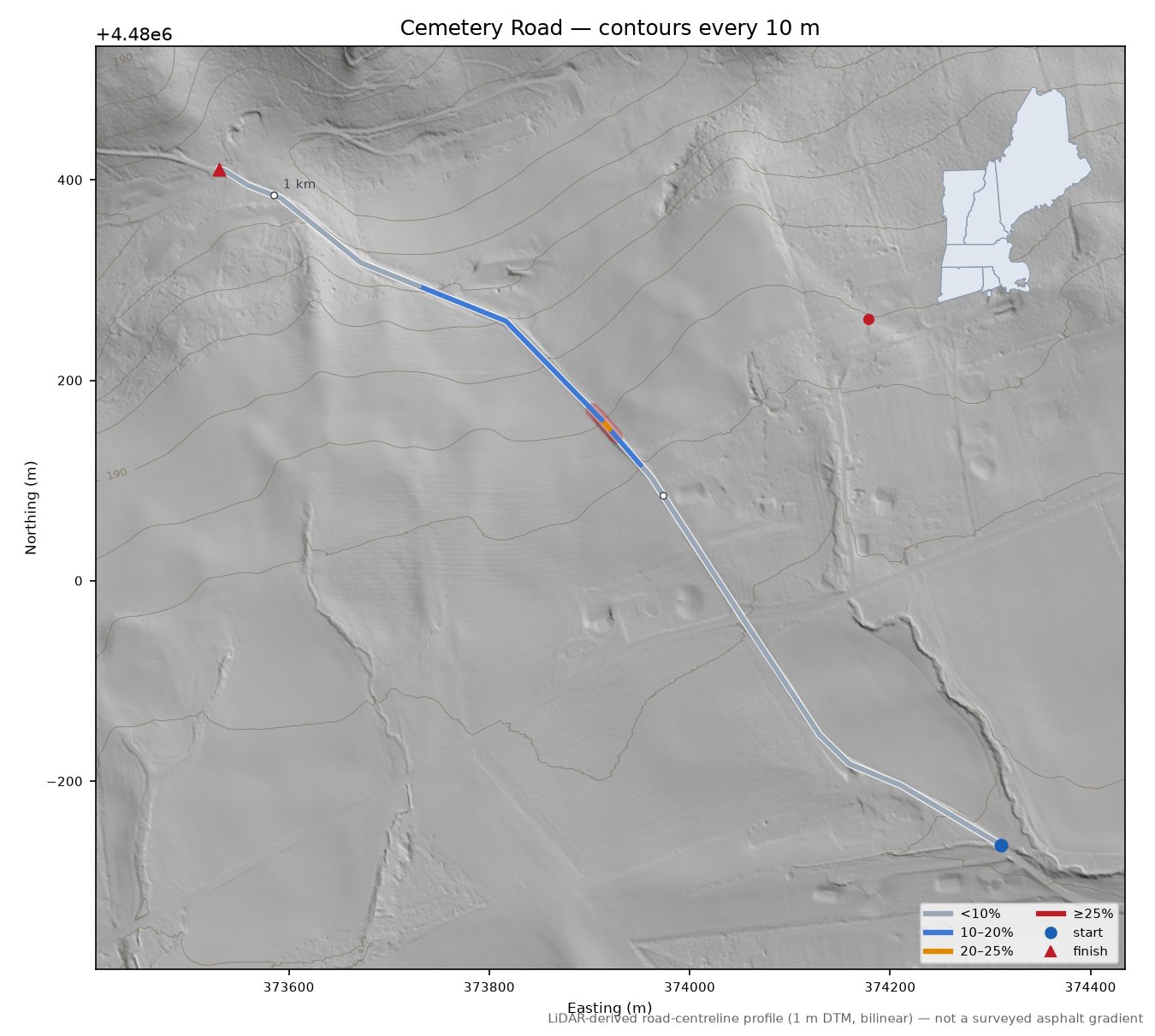 Cemetery Road LiDAR hillshade map with contours