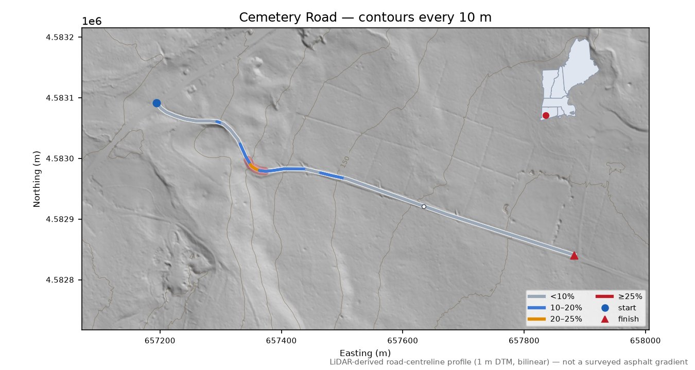 Cemetery Road LiDAR hillshade map with contours