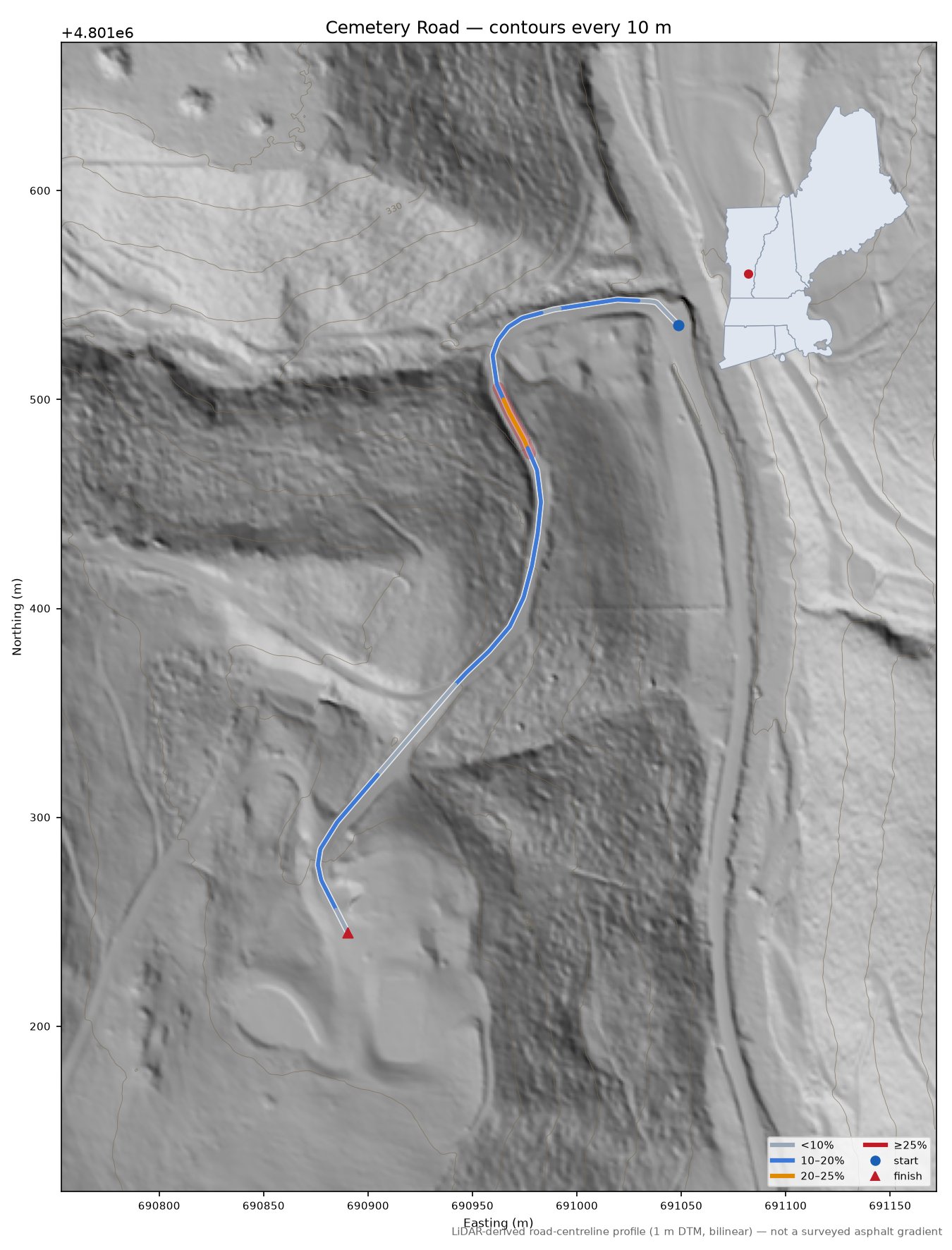 Cemetery Road LiDAR hillshade map with contours