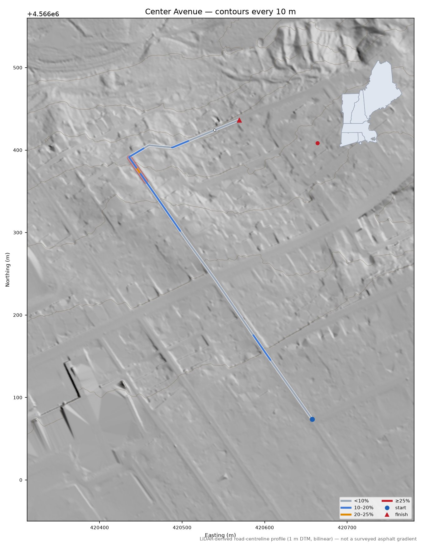 Center Avenue LiDAR hillshade map with contours