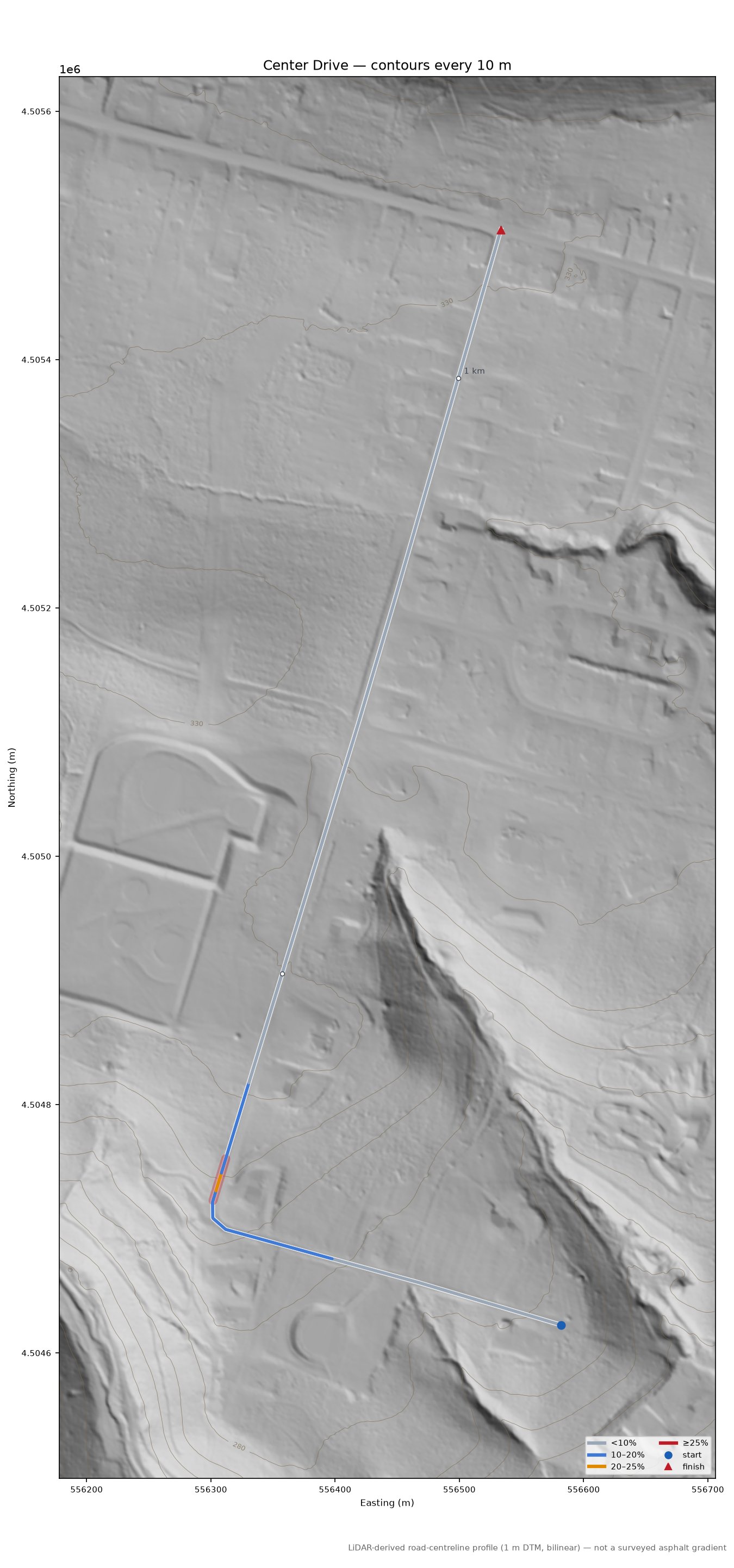 Center Drive LiDAR hillshade map with contours