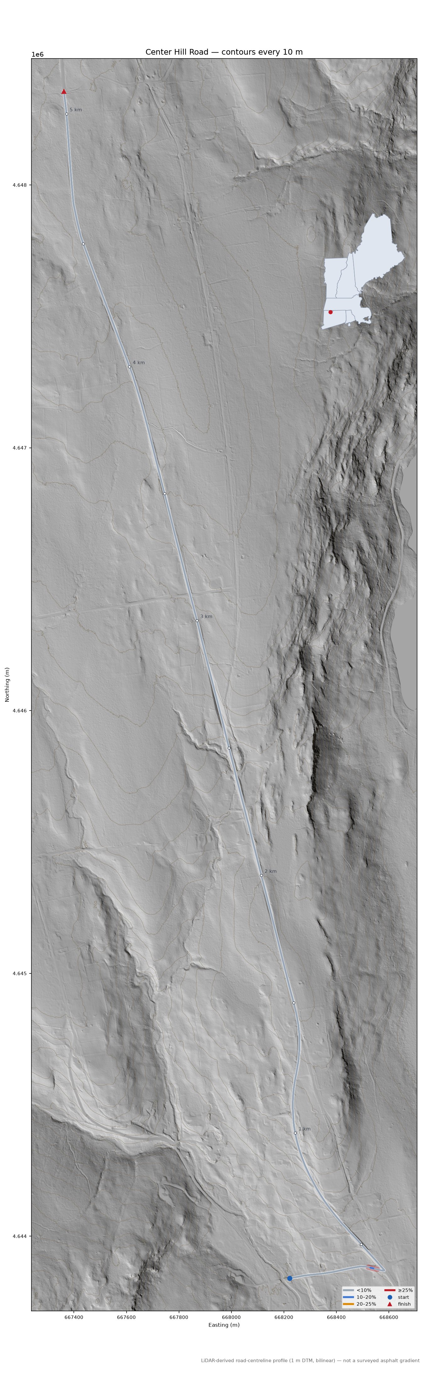 Center Hill Road LiDAR hillshade map with contours