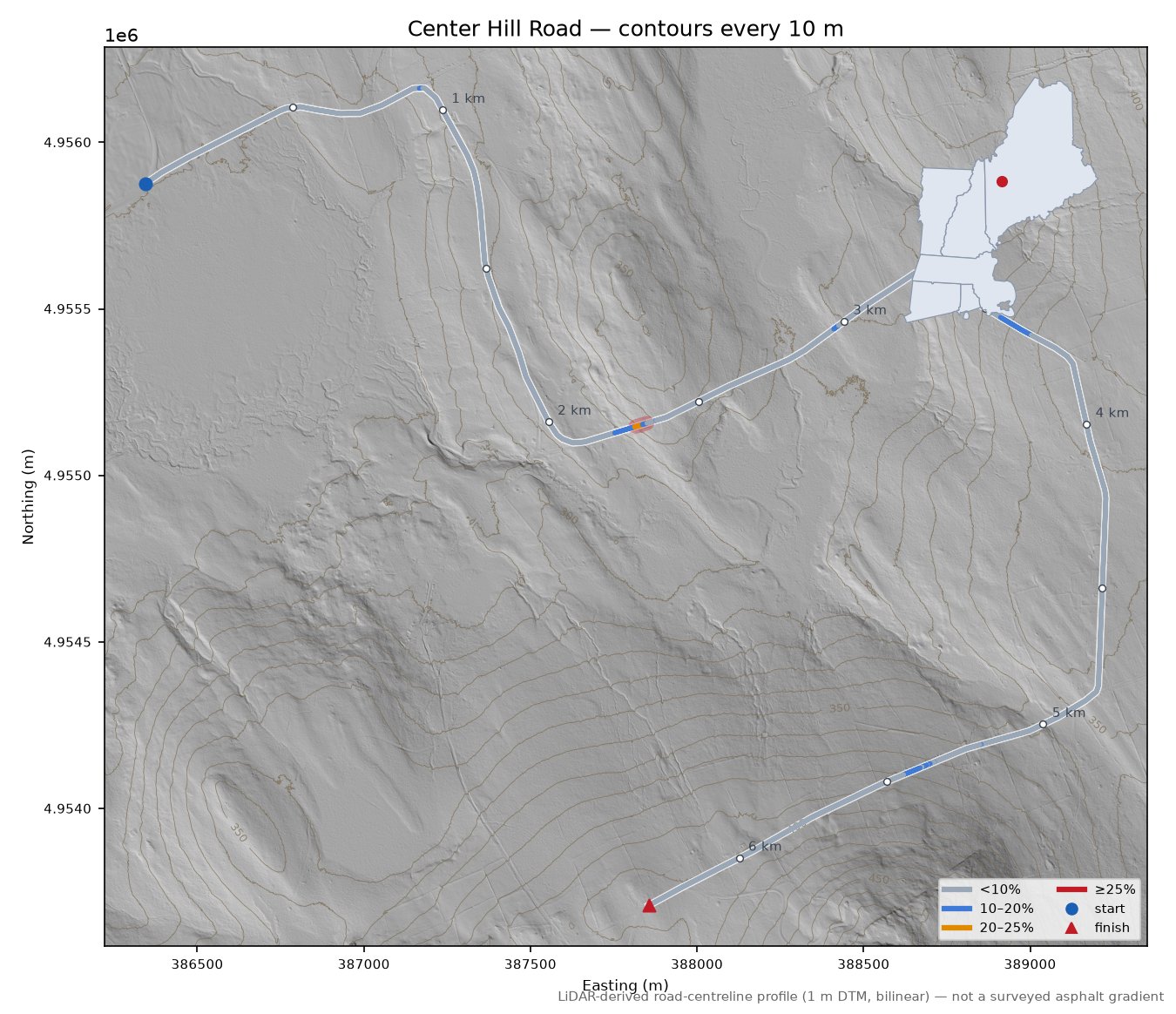 Center Hill Road LiDAR hillshade map with contours