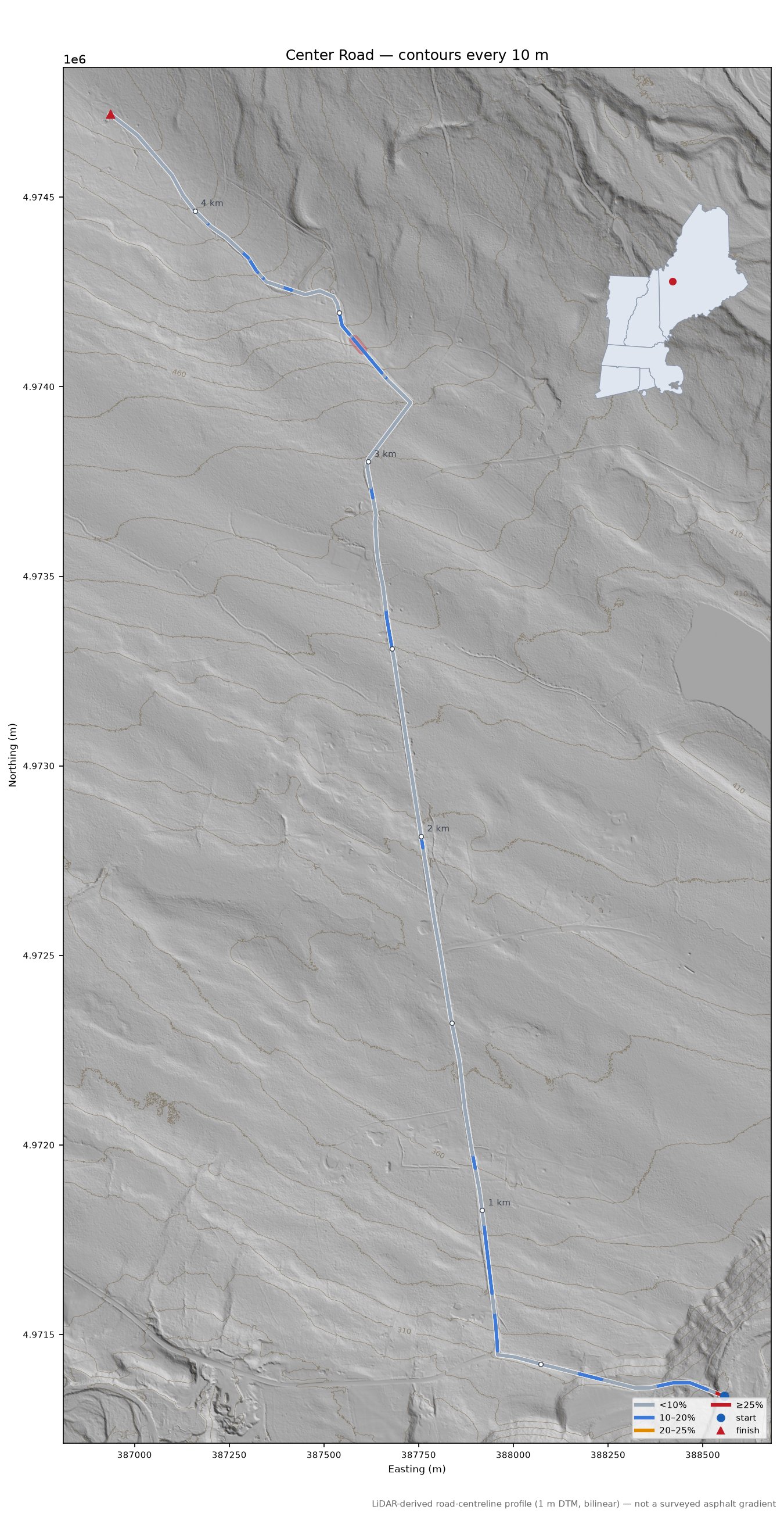 Center Road LiDAR hillshade map with contours