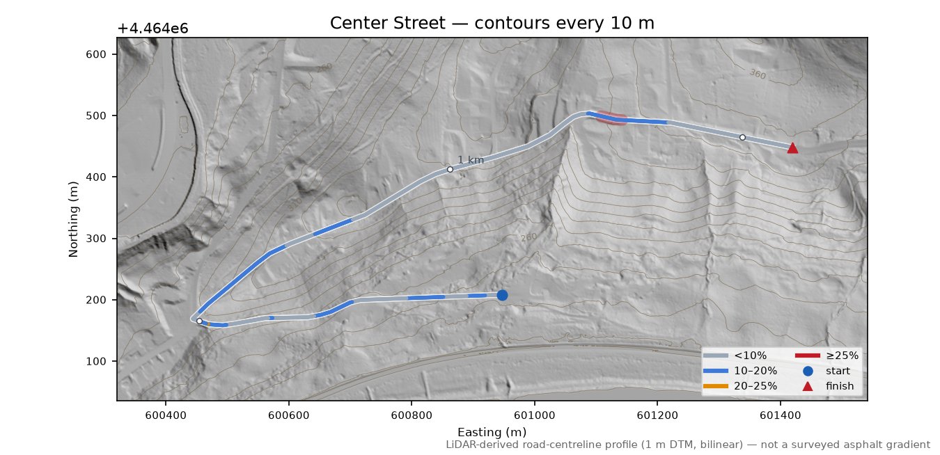 Center Street LiDAR hillshade map with contours