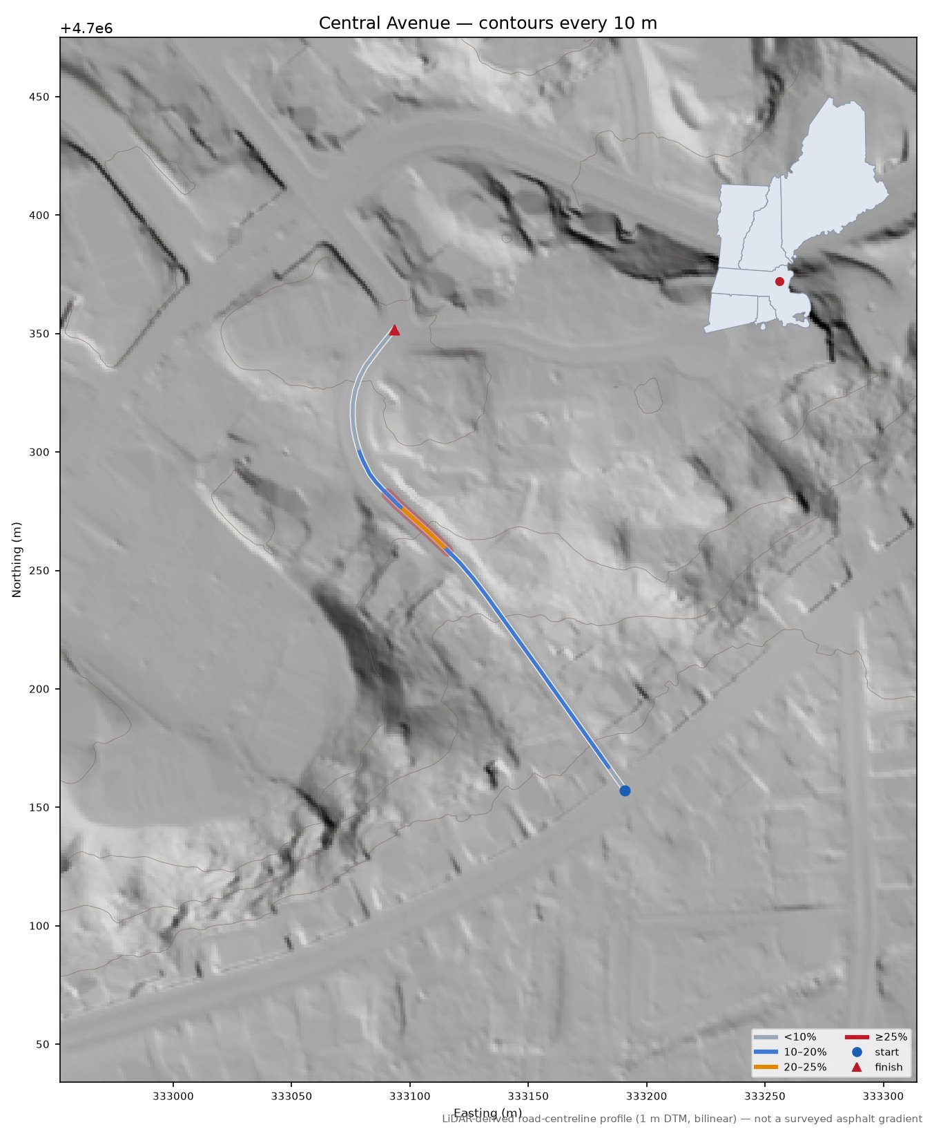 Central Avenue LiDAR hillshade map with contours