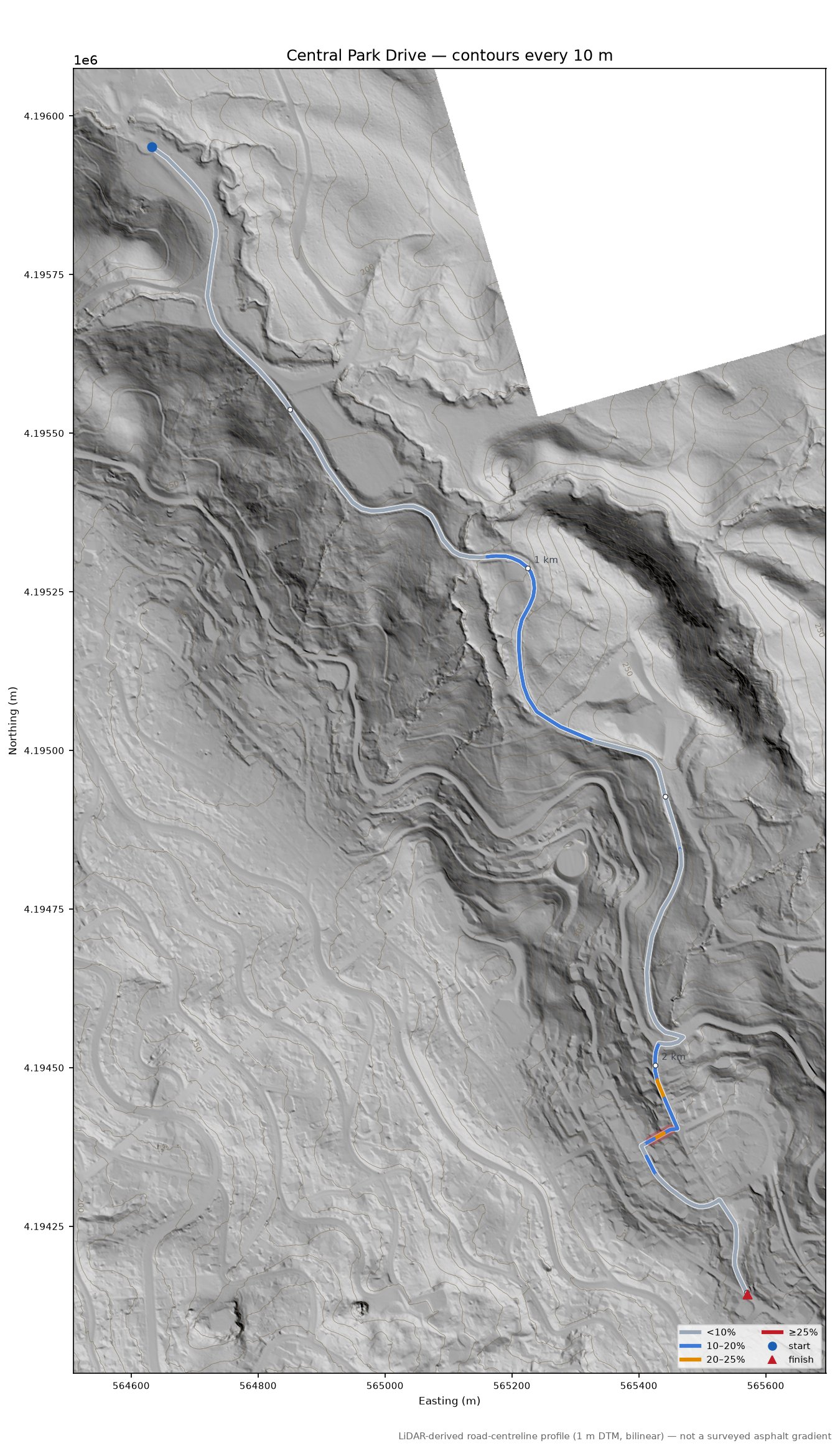 Central Park Drive LiDAR hillshade map with contours