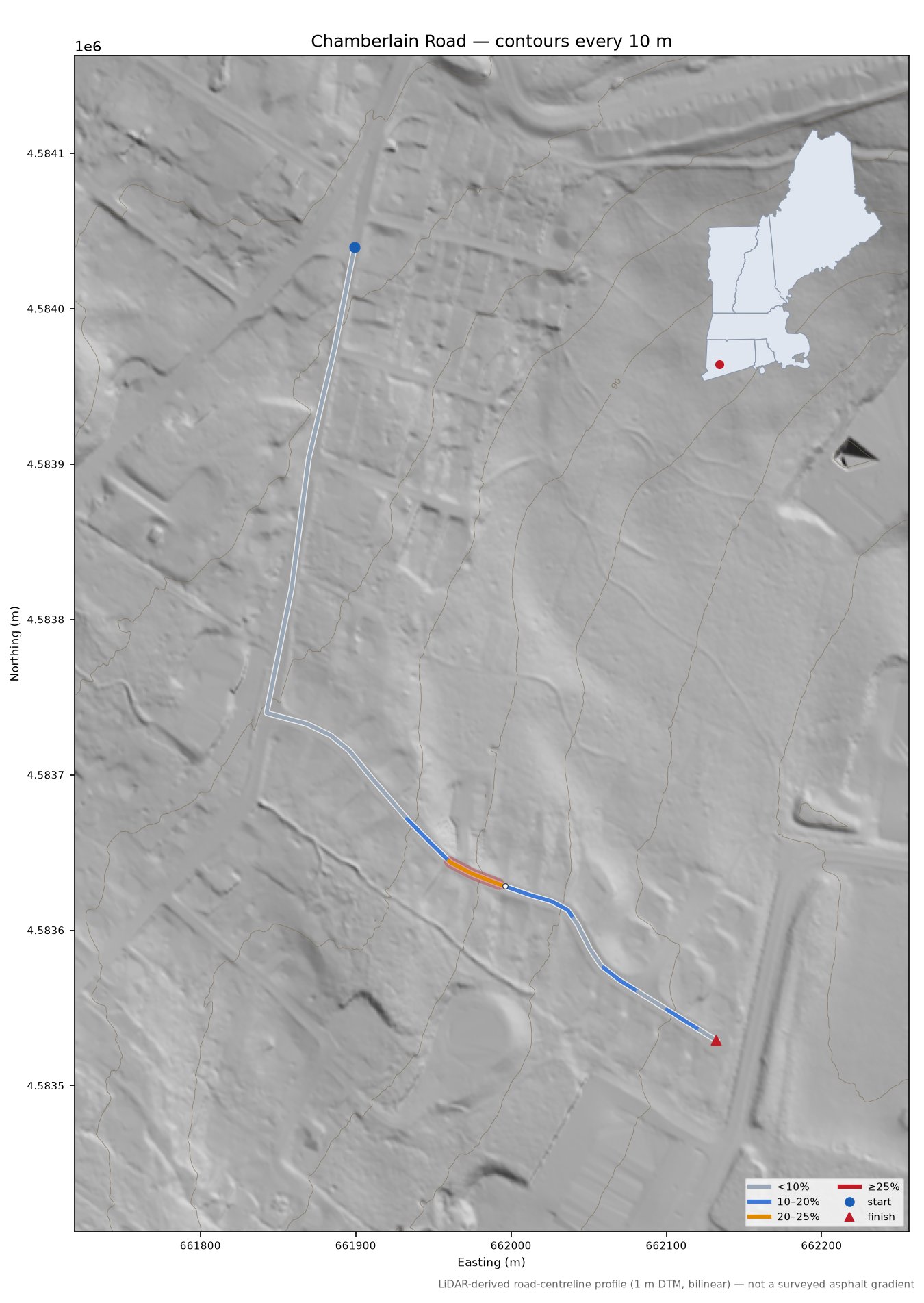Chamberlain Road LiDAR hillshade map with contours