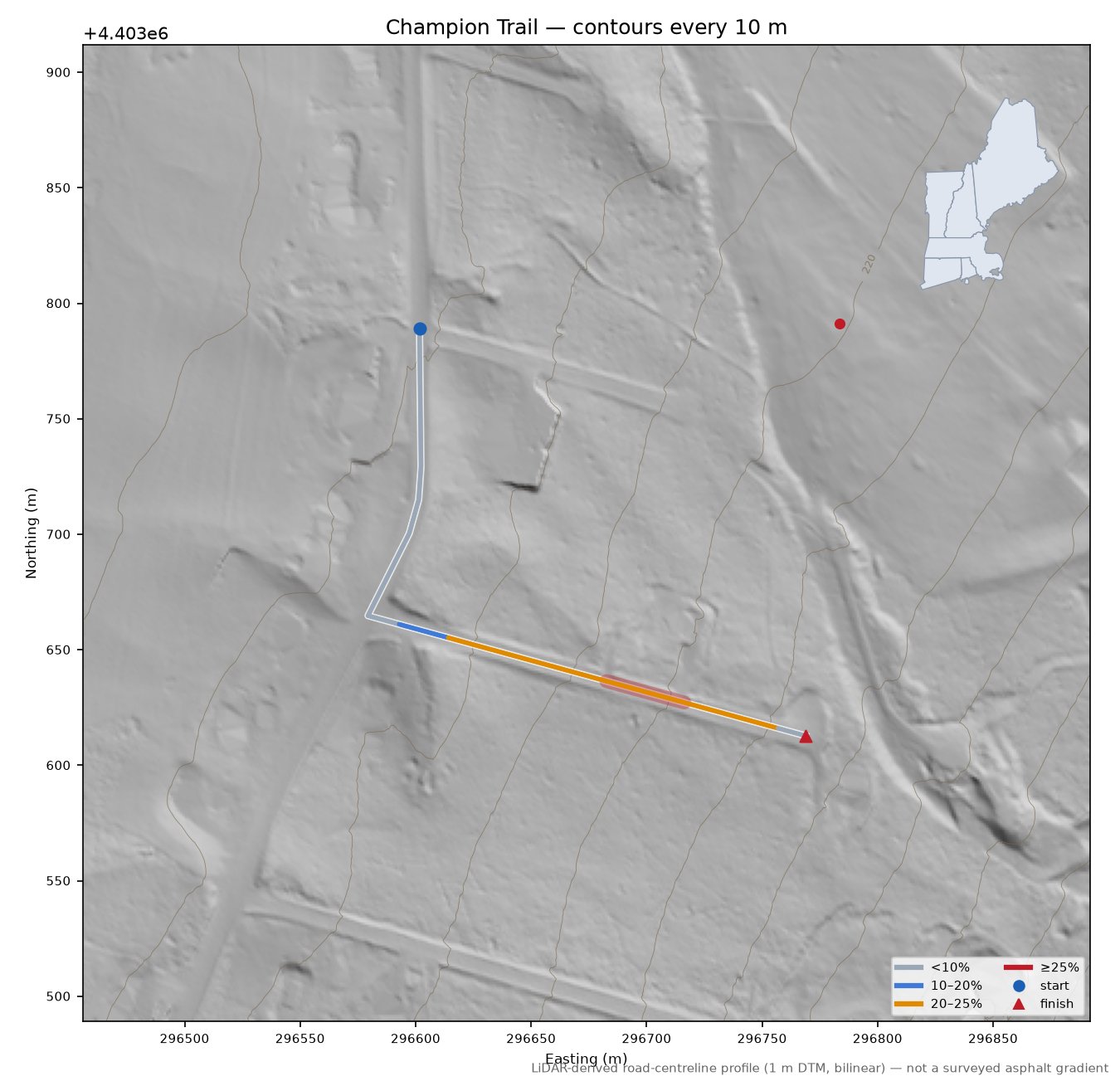 Champion Trail LiDAR hillshade map with contours