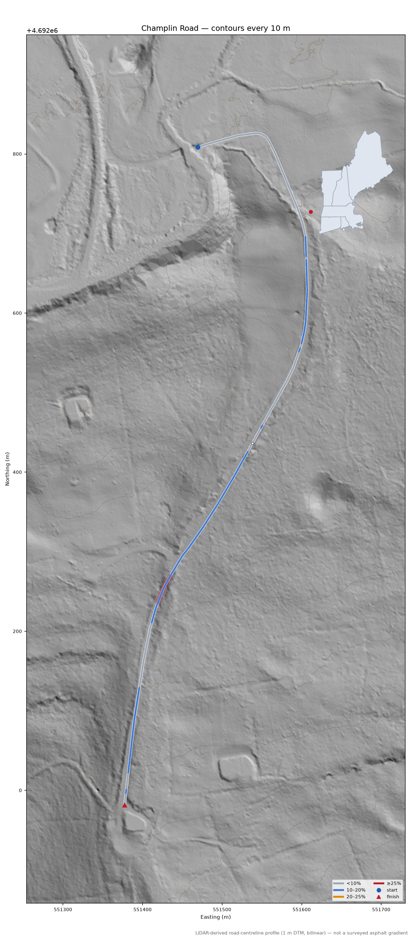 Champlin Road LiDAR hillshade map with contours