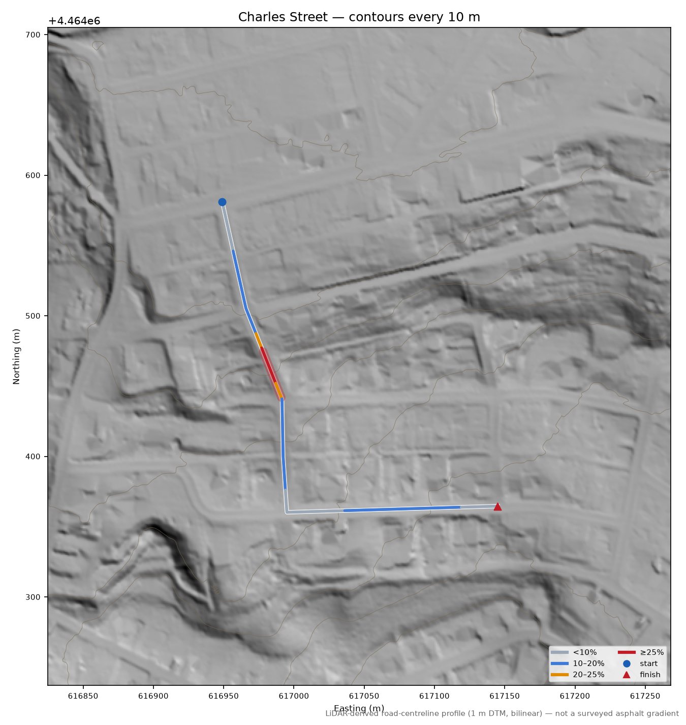 Charles Street LiDAR hillshade map with contours