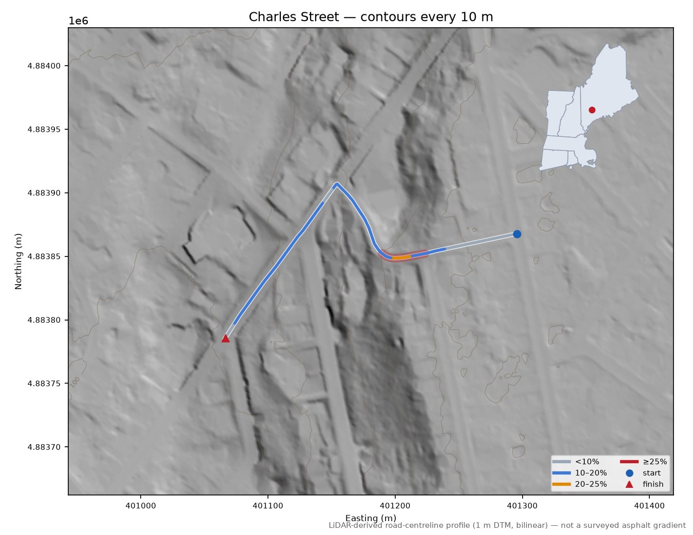 Charles Street LiDAR hillshade map with contours