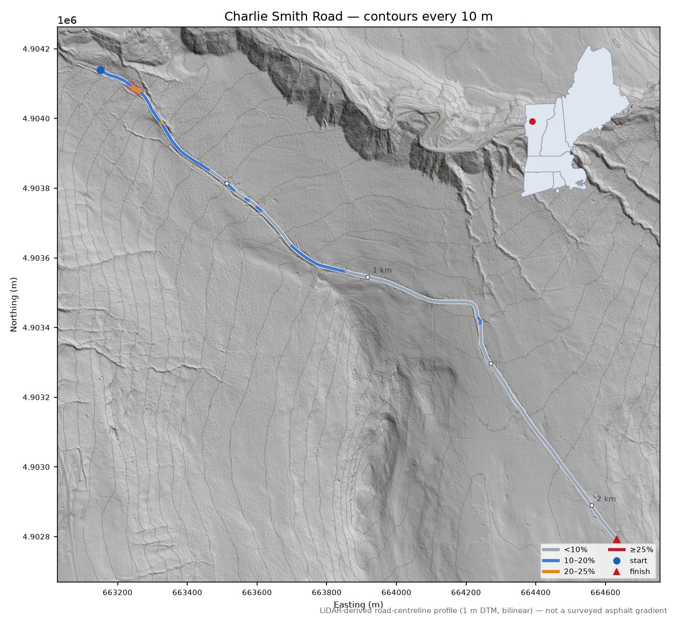 Charlie Smith Road LiDAR hillshade map with contours